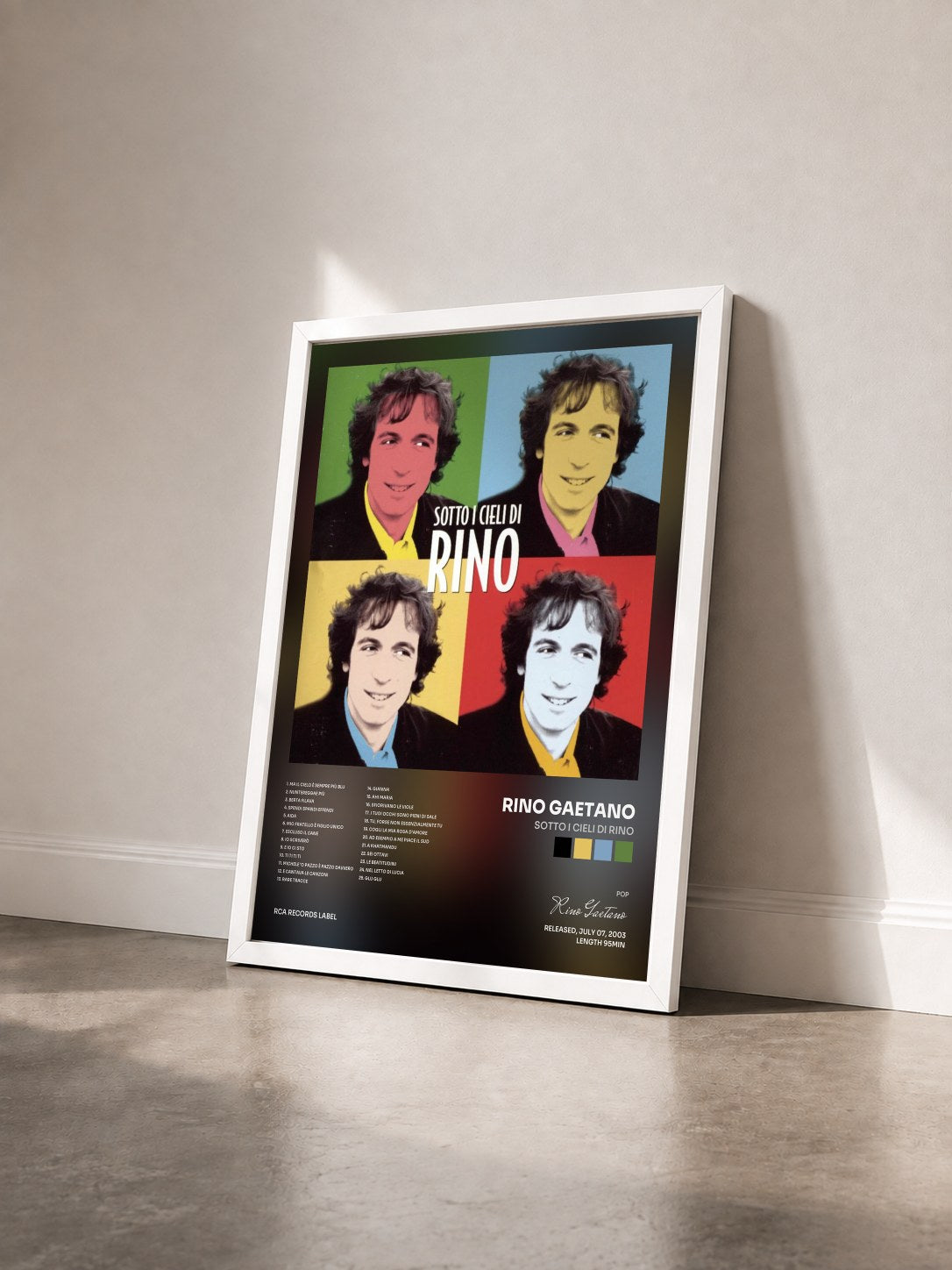 #blanc Tableau de l'album Sotto I Cieli Di Rino de Rino Gaetano vu de trois quarts, cadre blanc