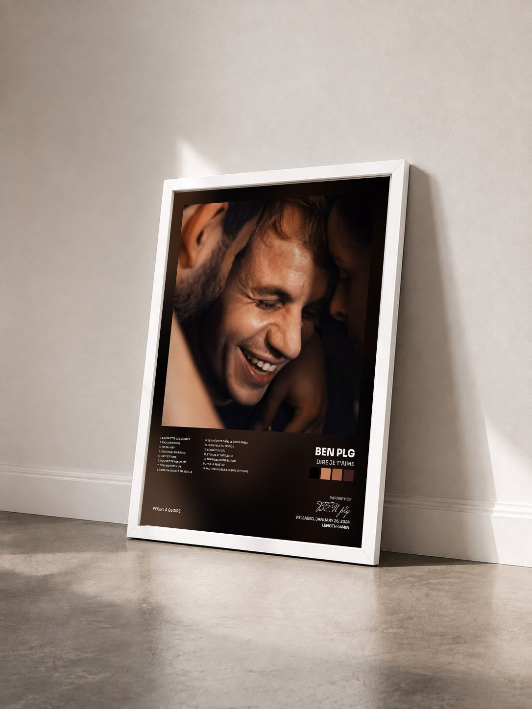 #blanc Tableau de l'album Dire je t'aime de BEN plg vu de trois quarts, cadre blanc