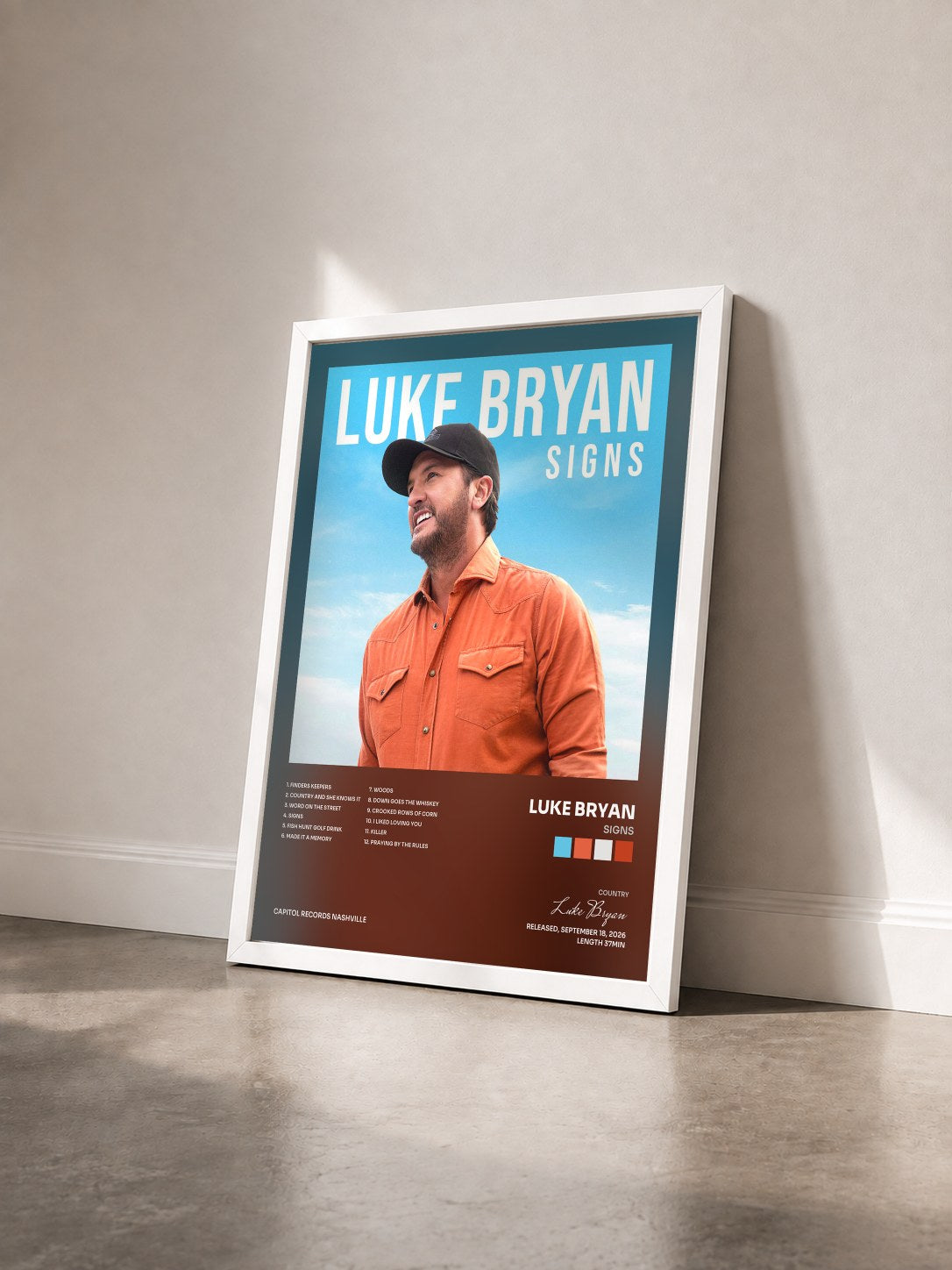 #blanc Tableau de l'album Signs de Luke Bryan vu de trois quarts, cadre blanc