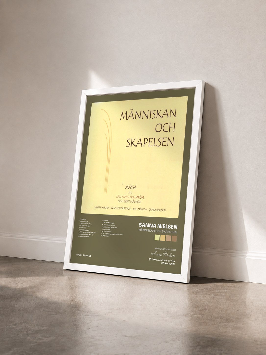 #blanc Tableau de l'album Människan och skapelsen de Sanna Nielsen vu de trois quarts, cadre blanc