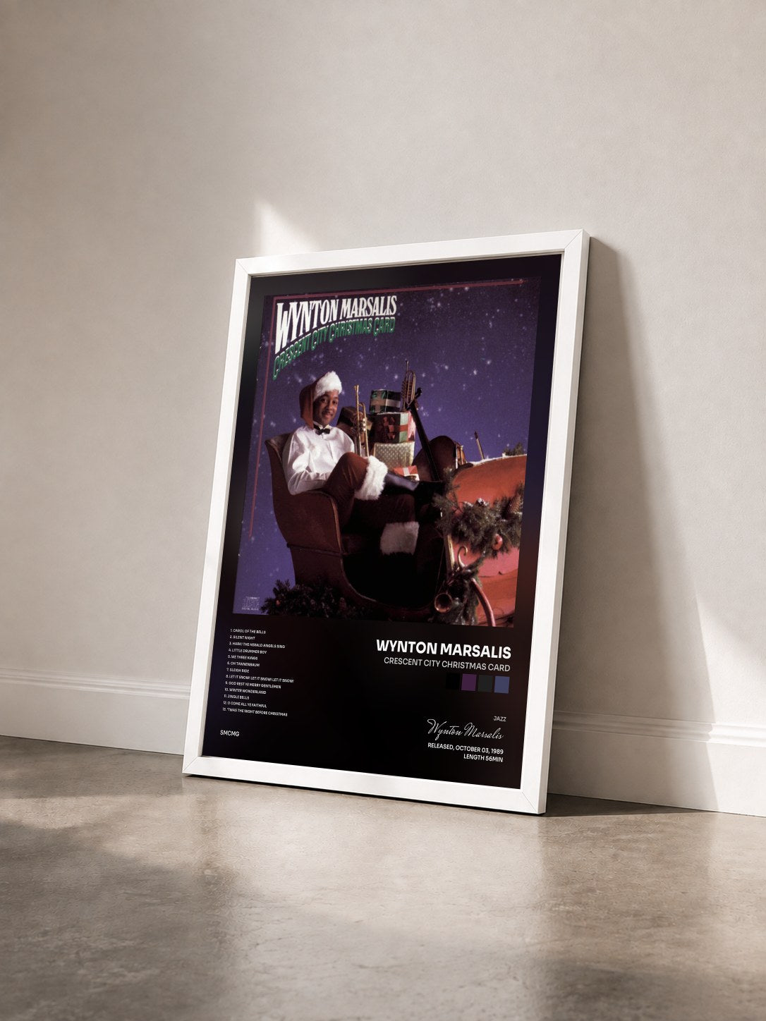#blanc Tableau de l'album Crescent City Christmas Card de Wynton Marsalis vu de trois quarts, cadre blanc