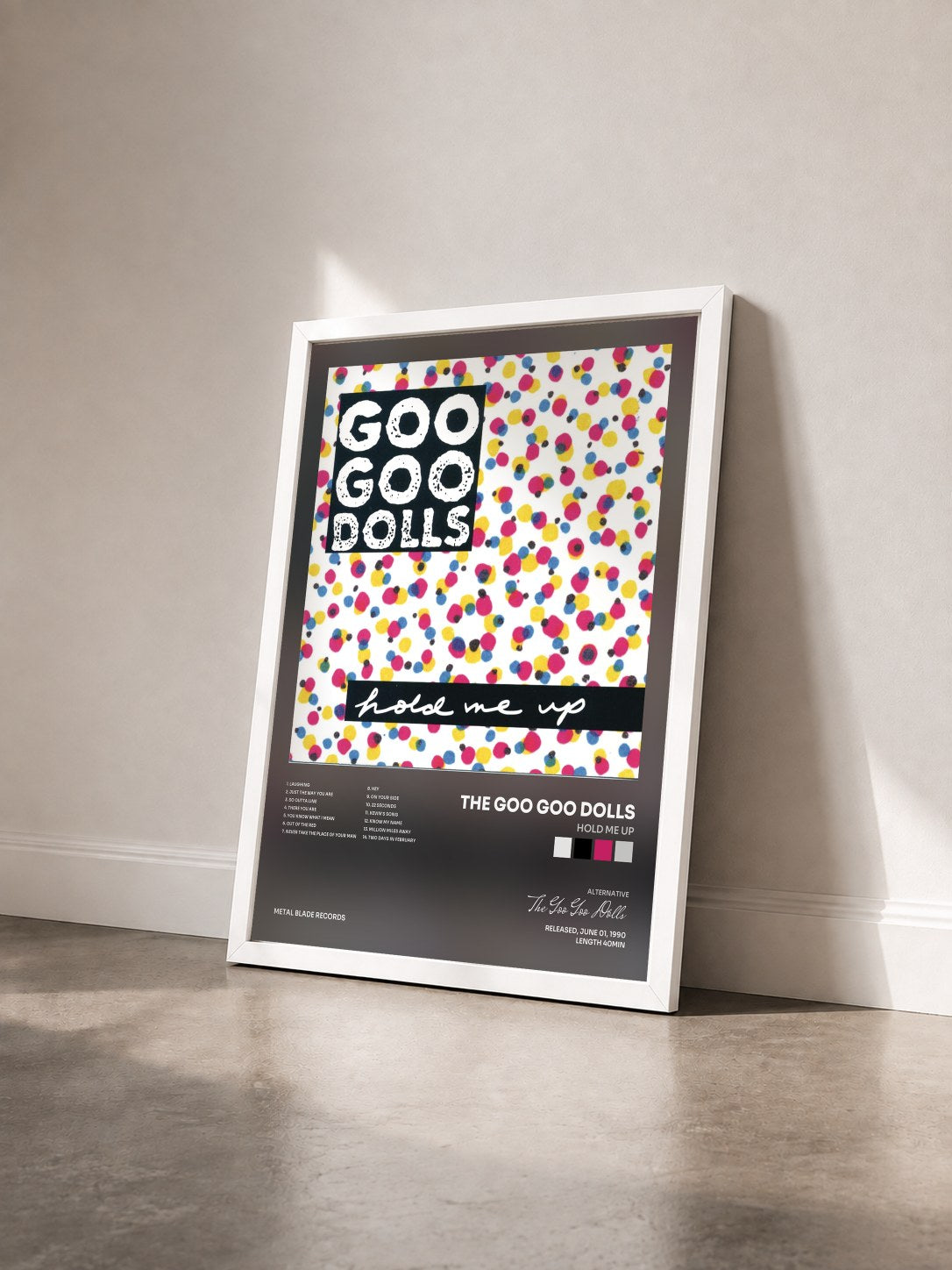 #blanc Tableau de l'album Hold Me Up de The Goo Goo Dolls vu de trois quarts, cadre blanc