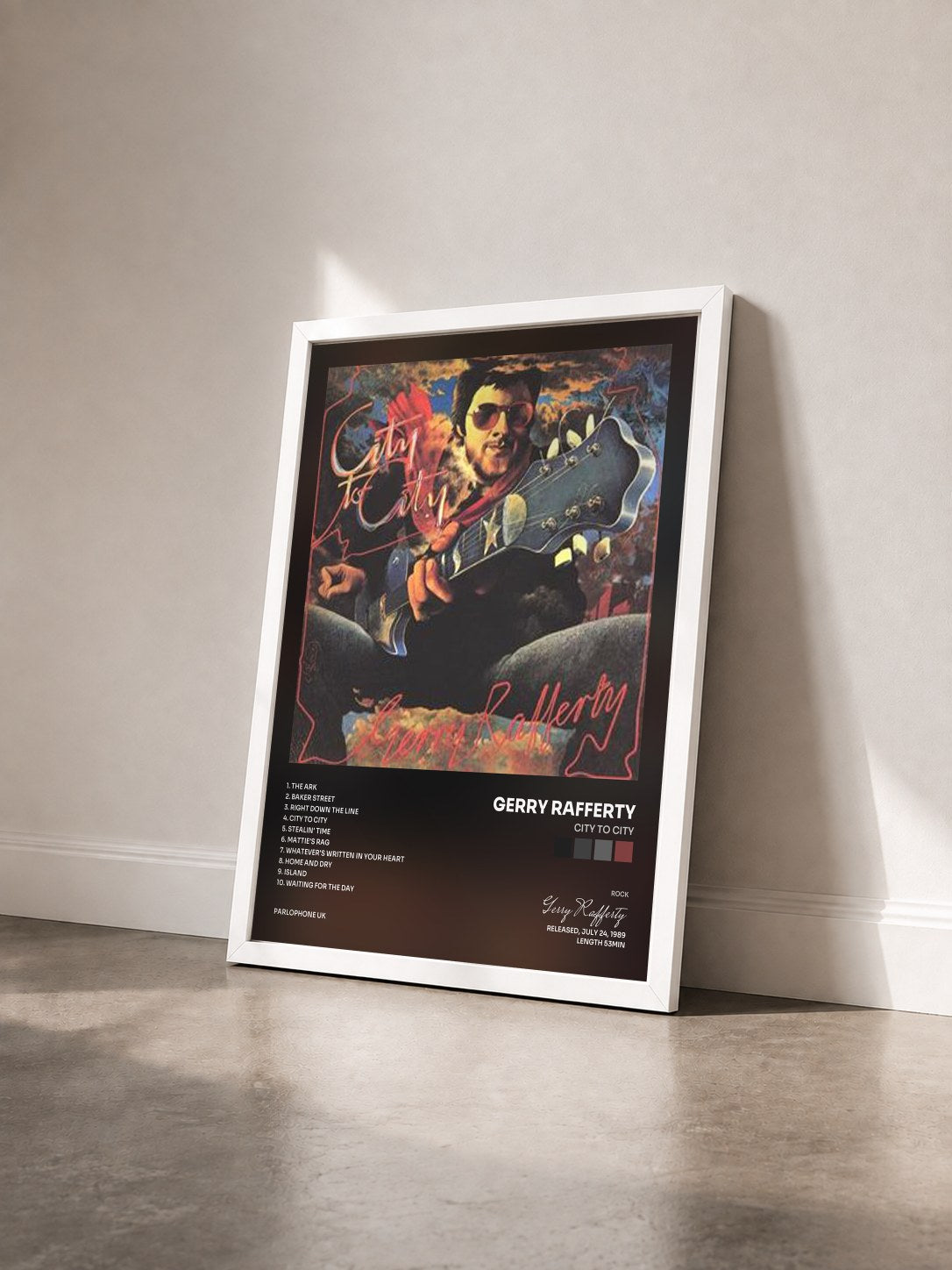 #blanc Tableau de l'album City to City de Gerry Rafferty vu de trois quarts, cadre blanc