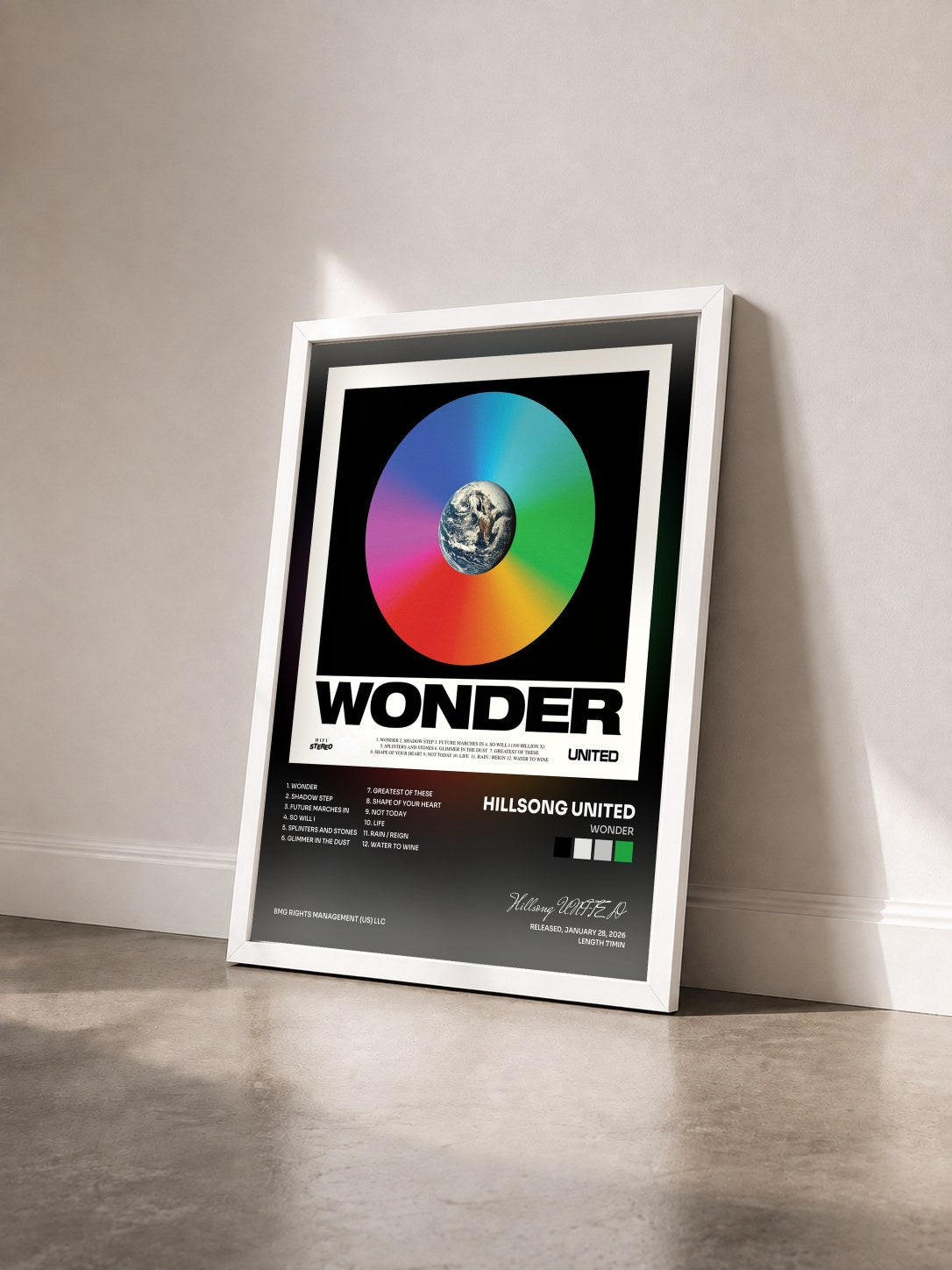 #blanc Tableau de l'album Wonder de Hillsong UNITED vu de trois quarts, cadre blanc