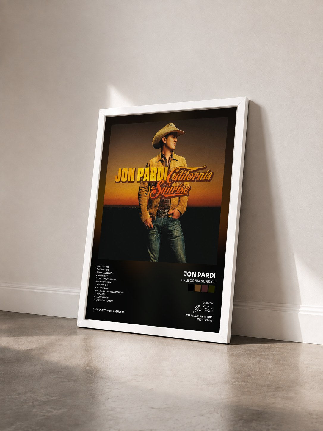 #blanc Tableau de l'album California Sunrise de Jon Pardi vu de trois quarts, cadre blanc