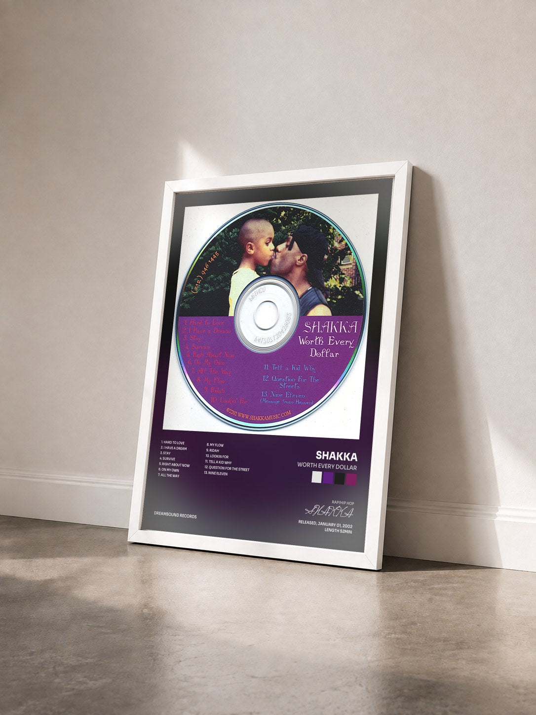 #blanc Tableau de l'album Worth Every Dollar de SHAKKA vu de trois quarts, cadre blanc