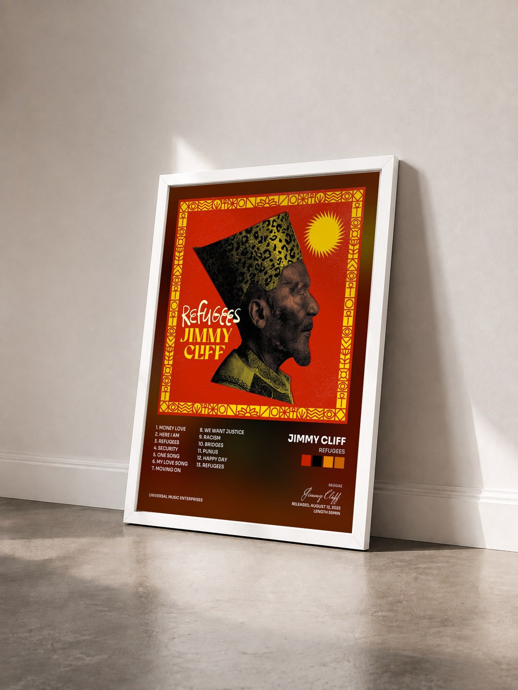 #blanc Tableau de l'album Refugees de Jimmy Cliff vu de trois quarts, cadre blanc