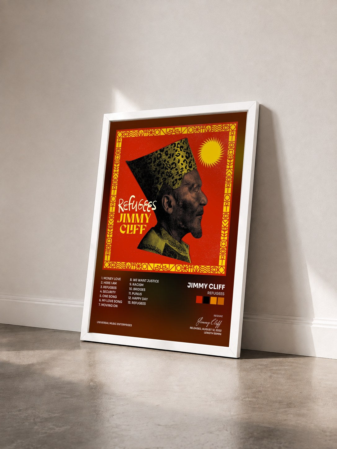 #blanc Tableau de l'album Refugees de Jimmy Cliff vu de trois quarts, cadre blanc