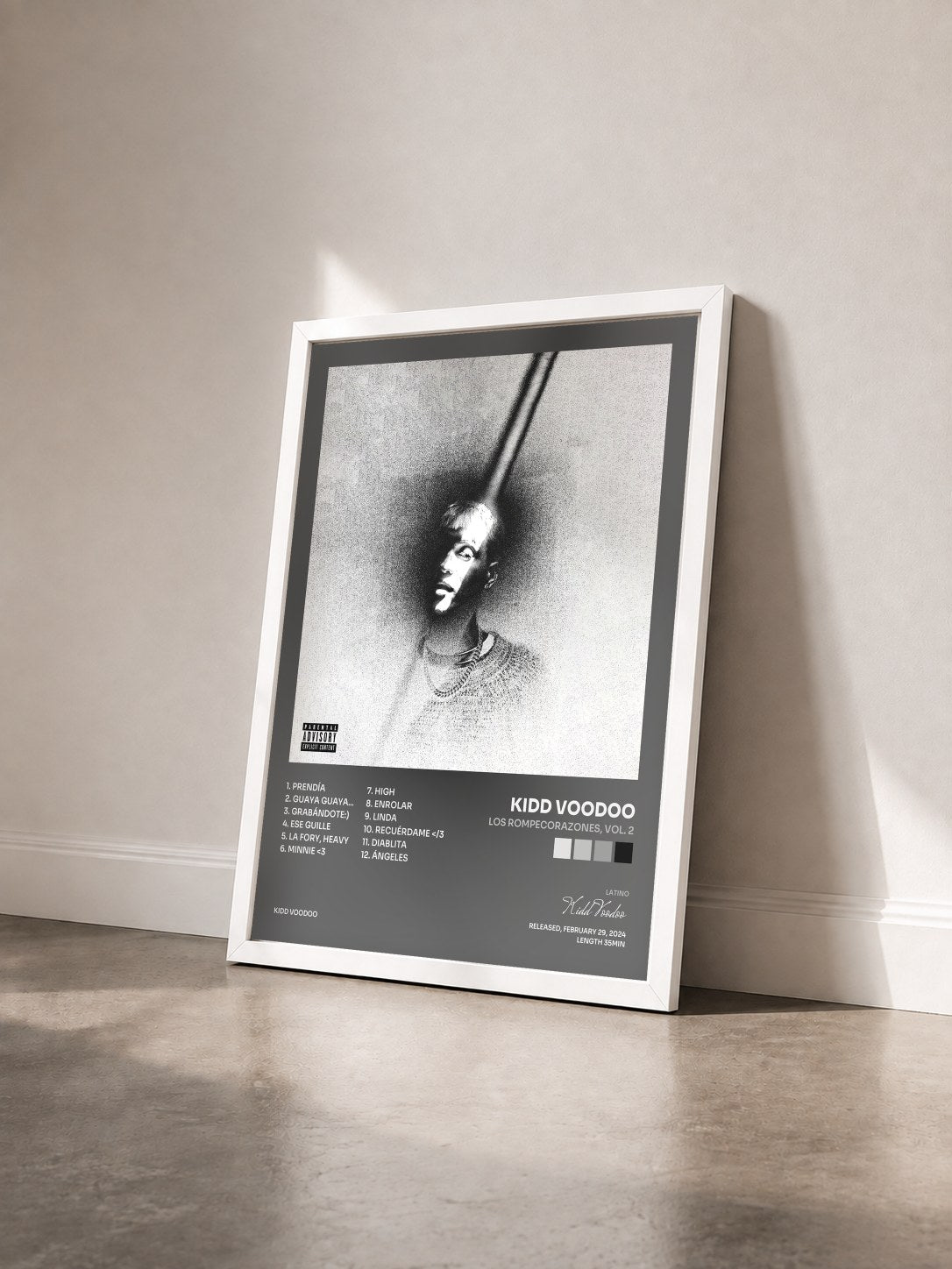 #blanc Tableau de l'album Los Rompecorazones, Vol. 2 de Kidd Voodoo vu de trois quarts, cadre blanc