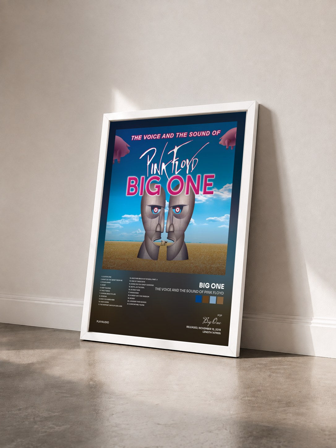 #blanc Tableau de l'album The Voice and the Sound of Pink Floyd de Big One vu de trois quarts, cadre blanc