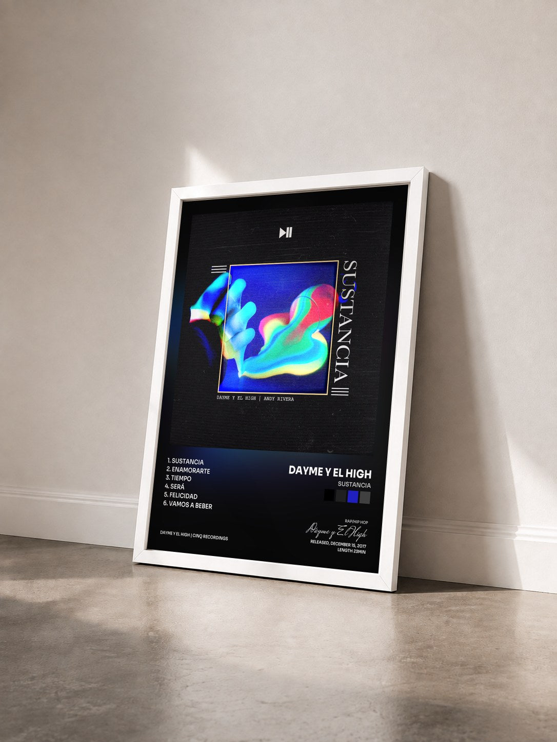 #blanc Tableau de l'album Sustancia de Dayme y El High vu de trois quarts, cadre blanc