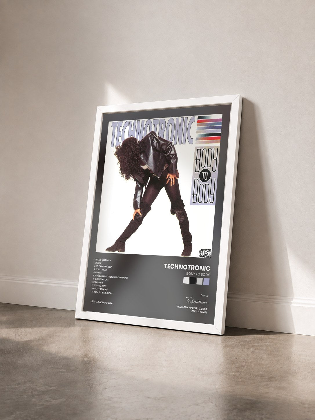 #blanc Tableau de l'album Body To Body de Technotronic vu de trois quarts, cadre blanc