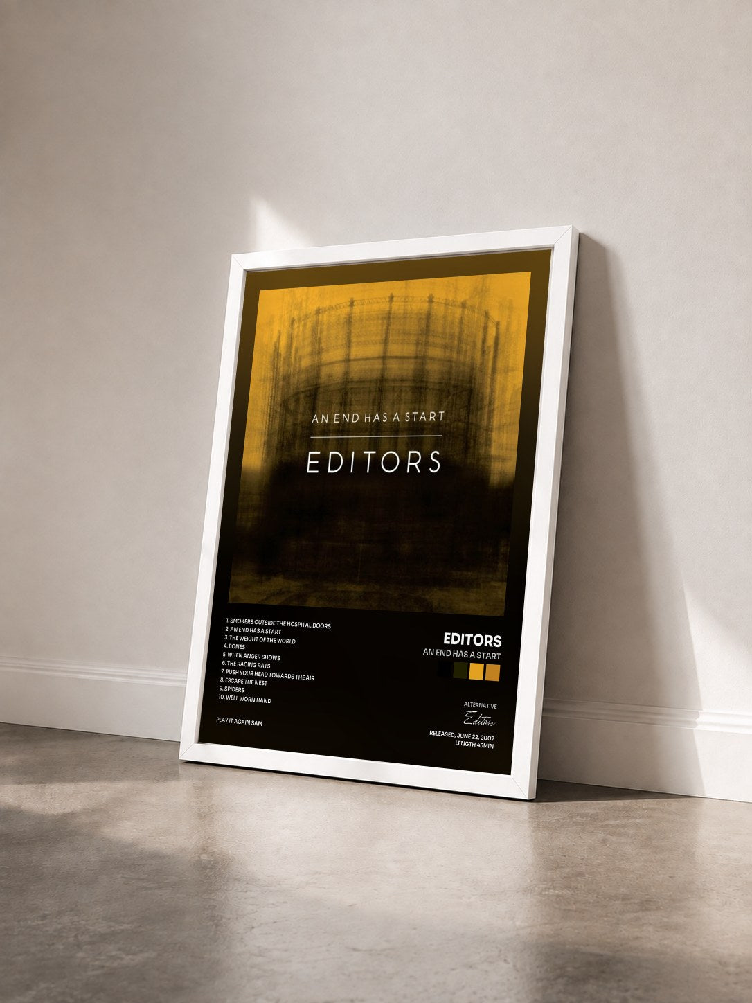 #blanc Tableau de l'album An End Has a Start de Editors vu de trois quarts, cadre blanc