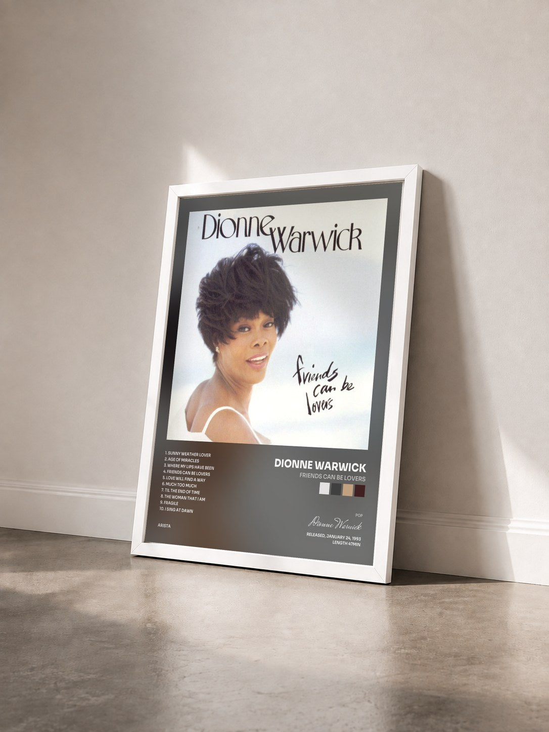 #blanc Tableau de l'album Friends Can Be Lovers de Dionne Warwick vu de trois quarts, cadre blanc