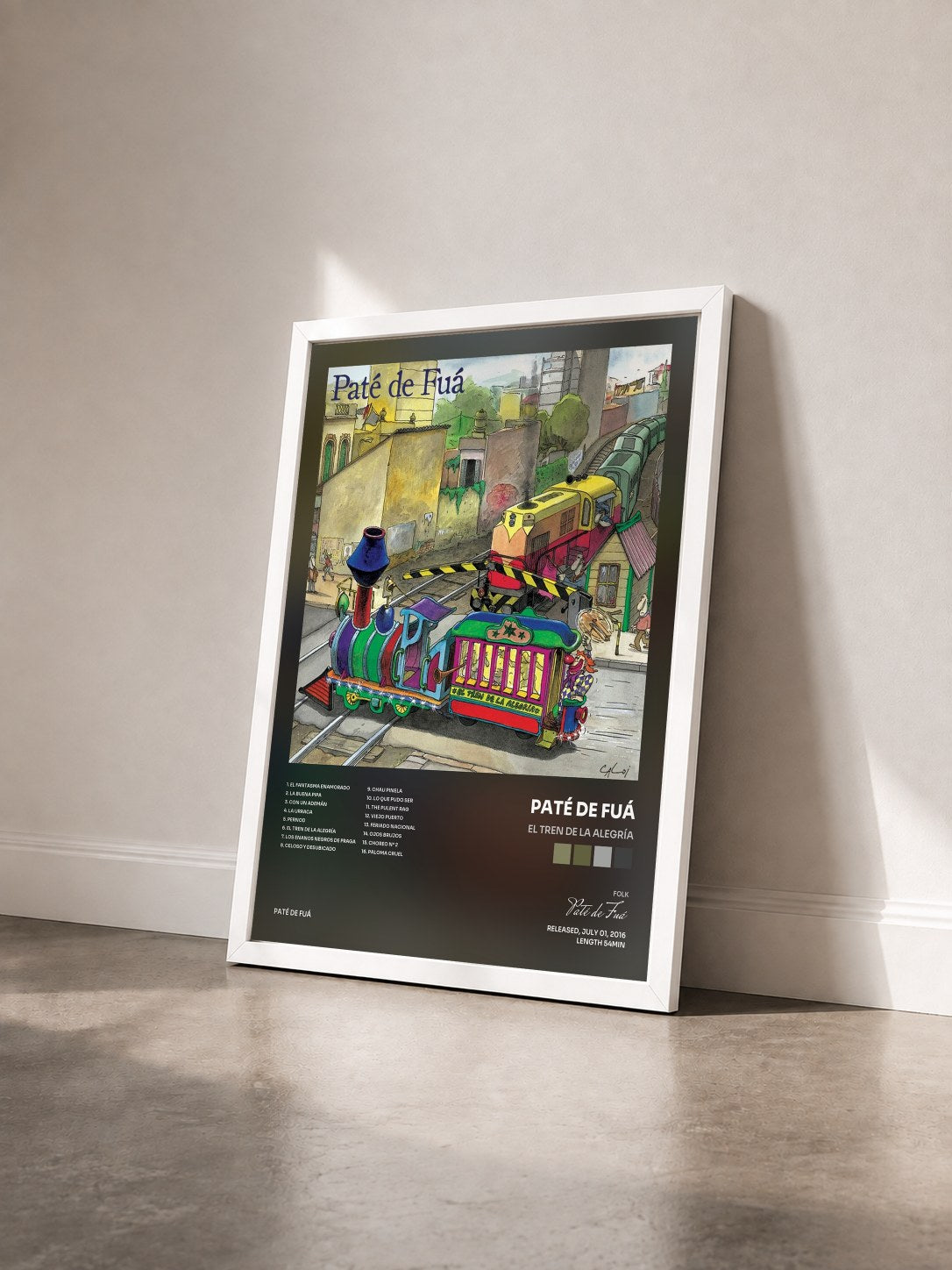 #blanc Tableau de l'album El Tren de la Alegría de Paté de Fuá vu de trois quarts, cadre blanc