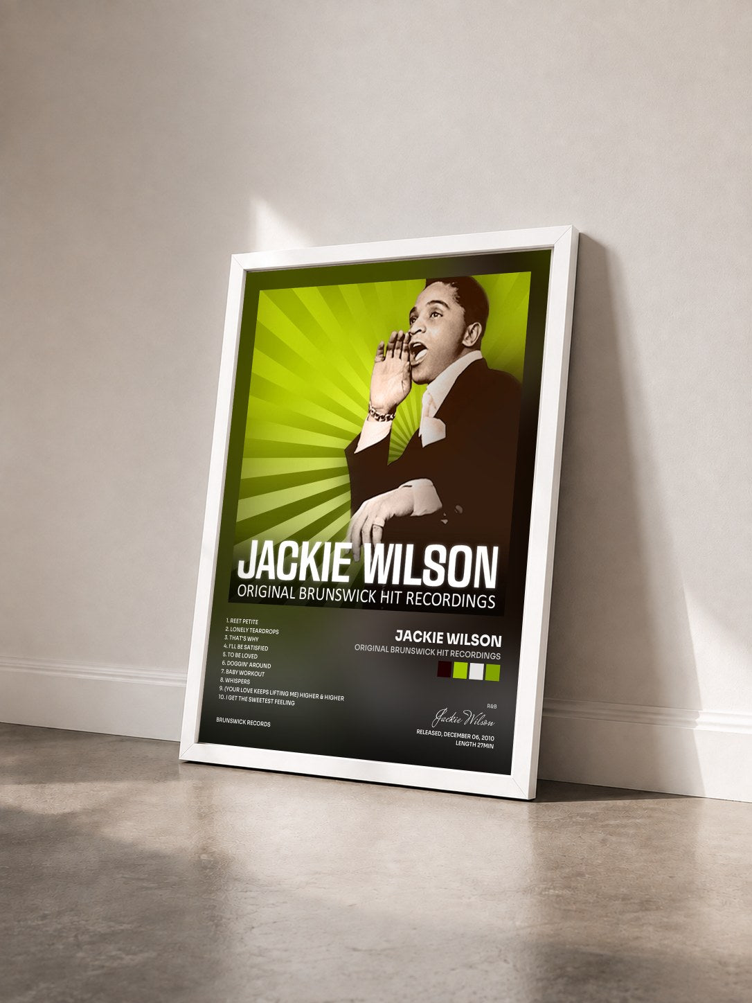 #blanc Tableau de l'album Original Brunswick Hit Recordings de Jackie Wilson vu de trois quarts, cadre blanc