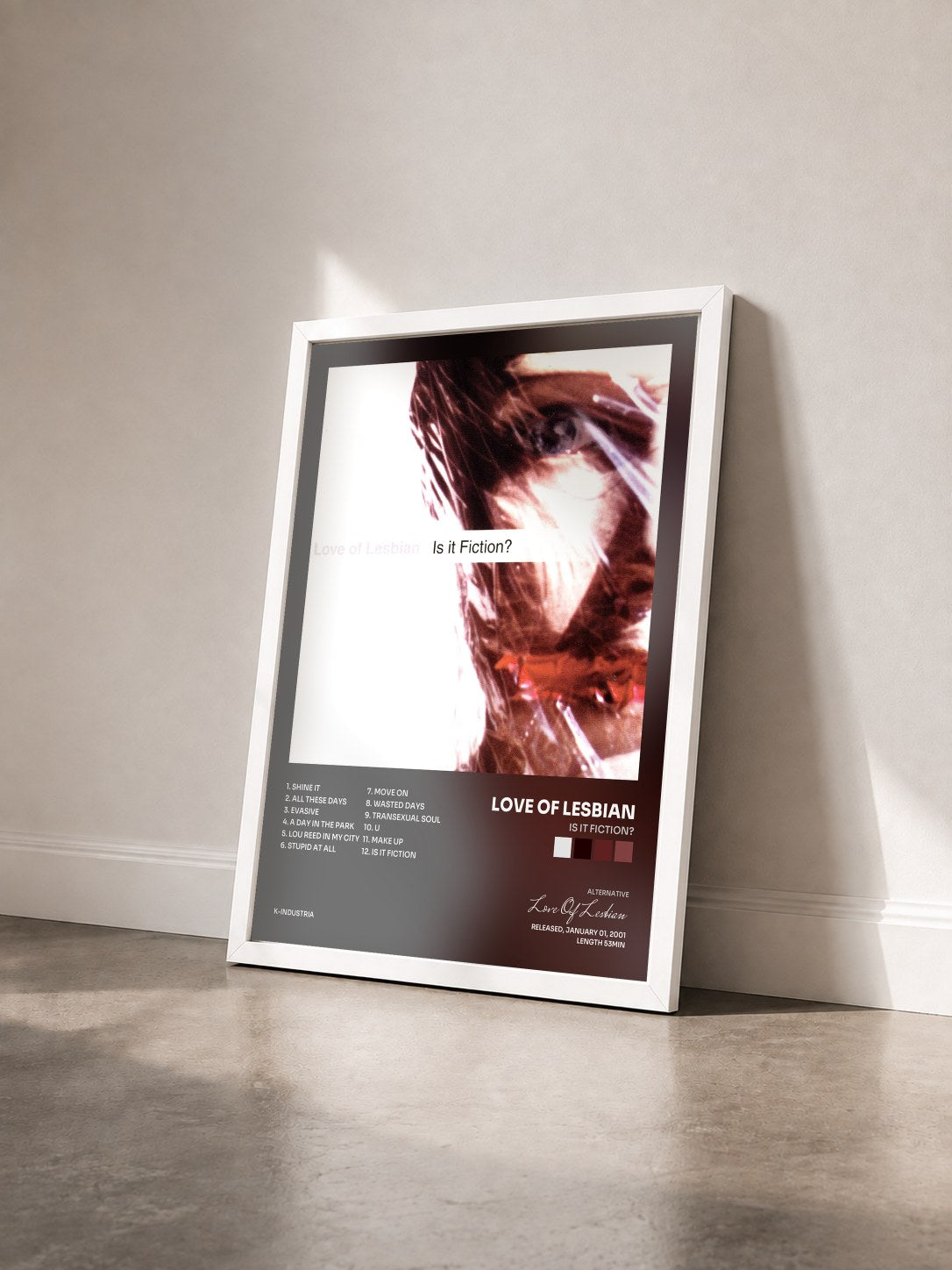 #blanc Tableau de l'album Is It Fiction? de Love Of Lesbian vu de trois quarts, cadre blanc