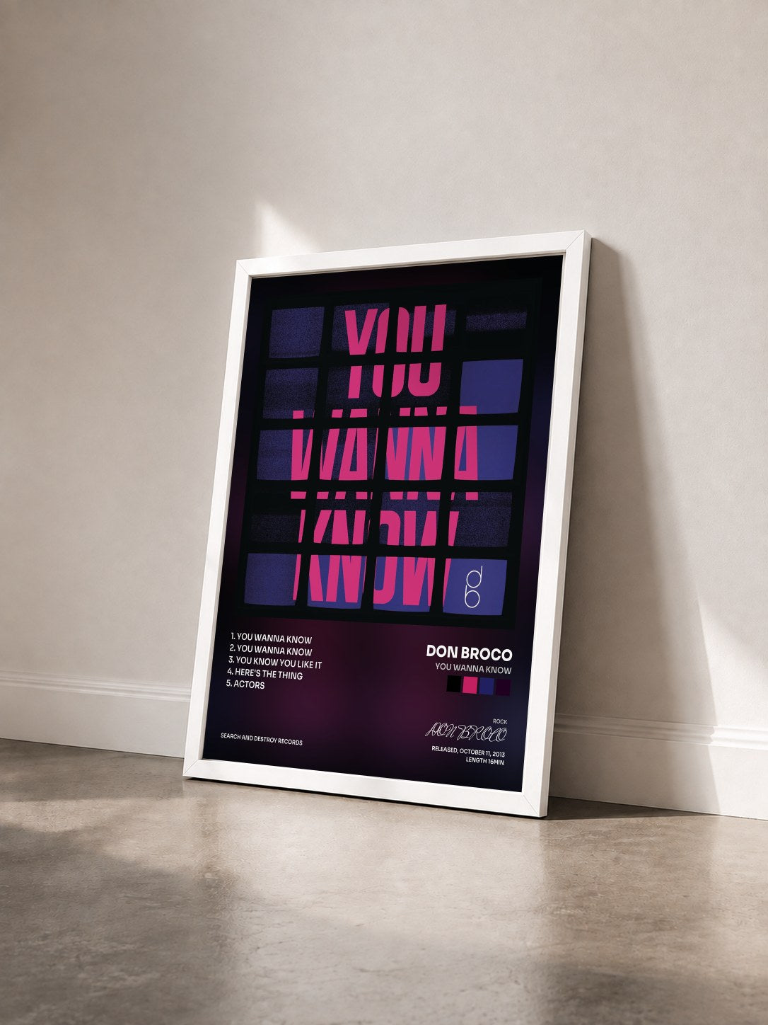 #blanc Tableau de l'album You Wanna Know de DON BROCO vu de trois quarts, cadre blanc