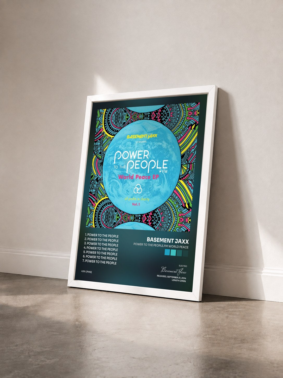 #blanc Tableau de l'album Power to the People.FM World Peace de Basement Jaxx vu de trois quarts, cadre blanc