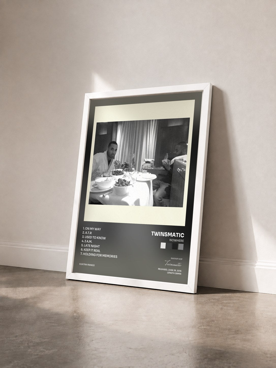 #blanc Tableau de l'album Nowhere de Twinsmatic vu de trois quarts, cadre blanc