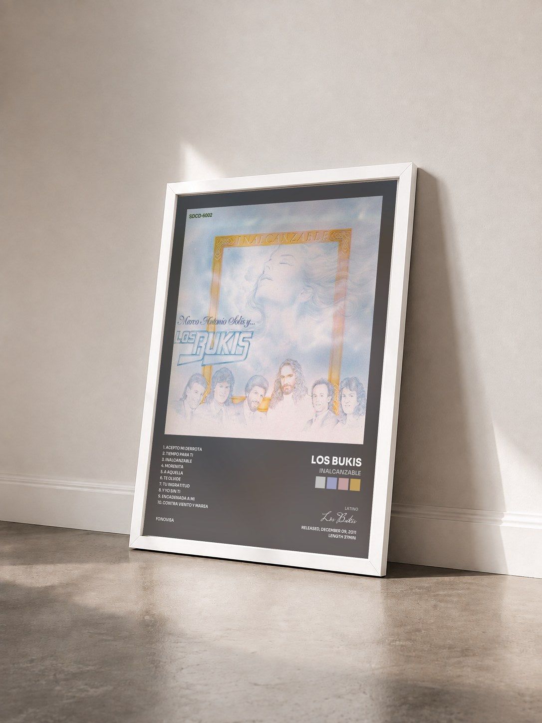 #blanc Tableau de l'album Inalcanzable de Los Bukis vu de trois quarts, cadre blanc