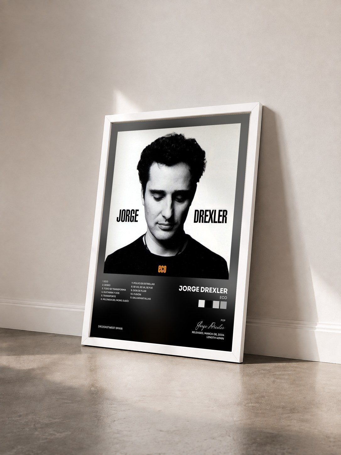 #blanc Tableau de l'album Eco de Jorge Drexler vu de trois quarts, cadre blanc