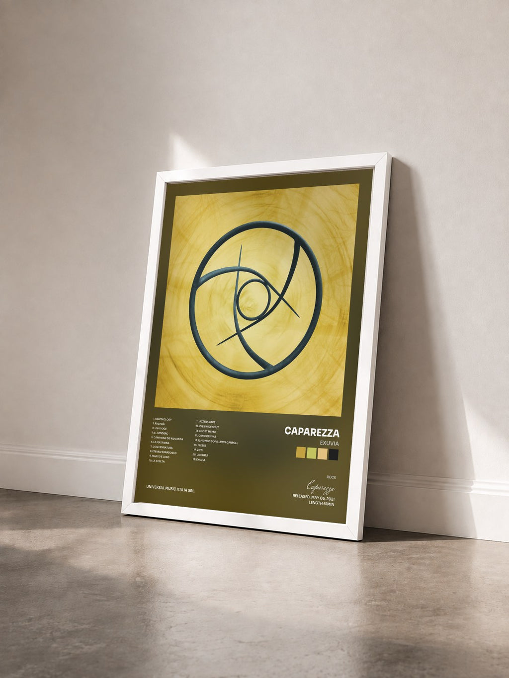 #blanc Tableau de l'album Exuvia de Caparezza vu de trois quarts, cadre blanc