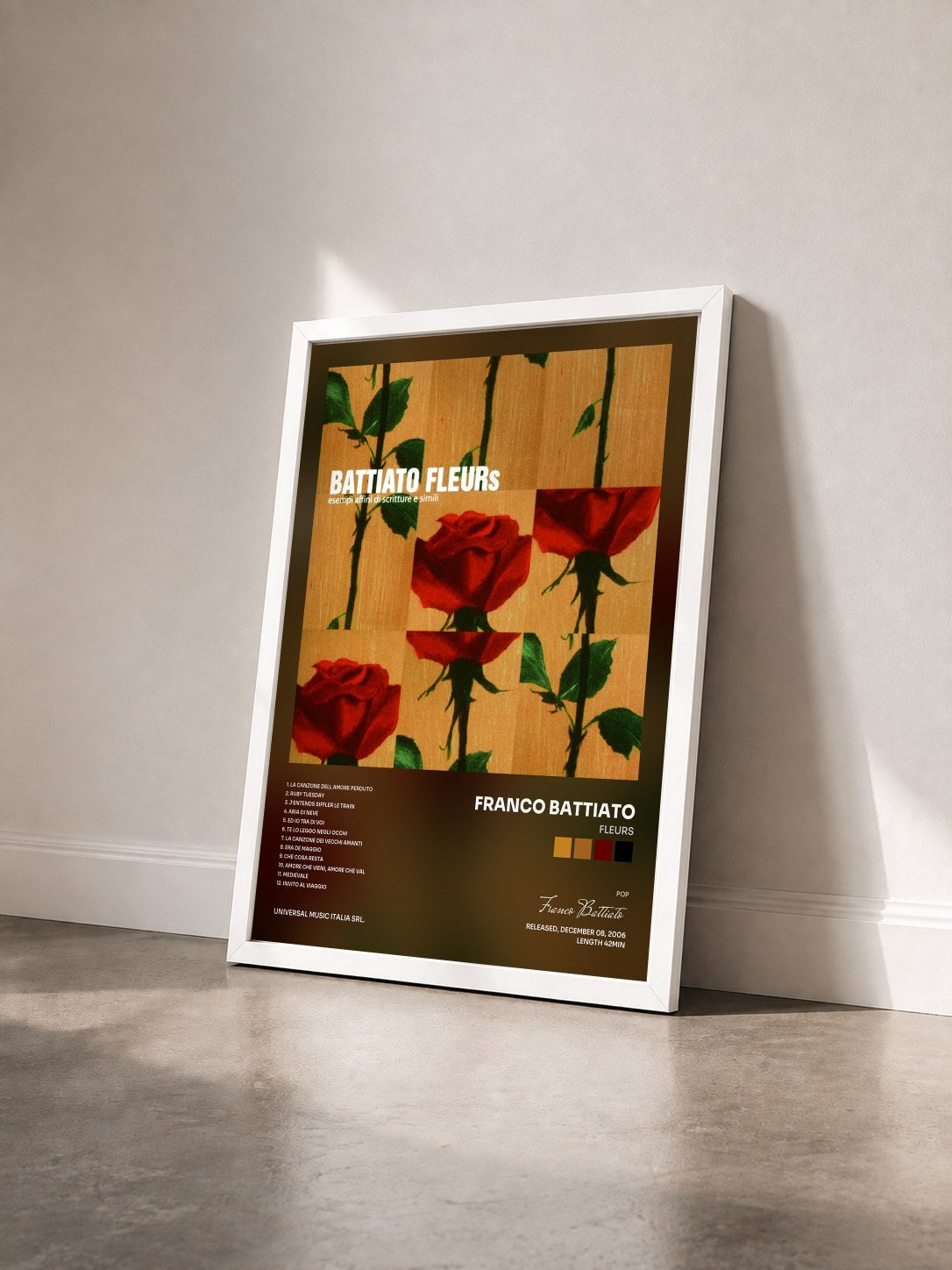#blanc Tableau de l'album Fleurs de Franco Battiato vu de trois quarts, cadre blanc