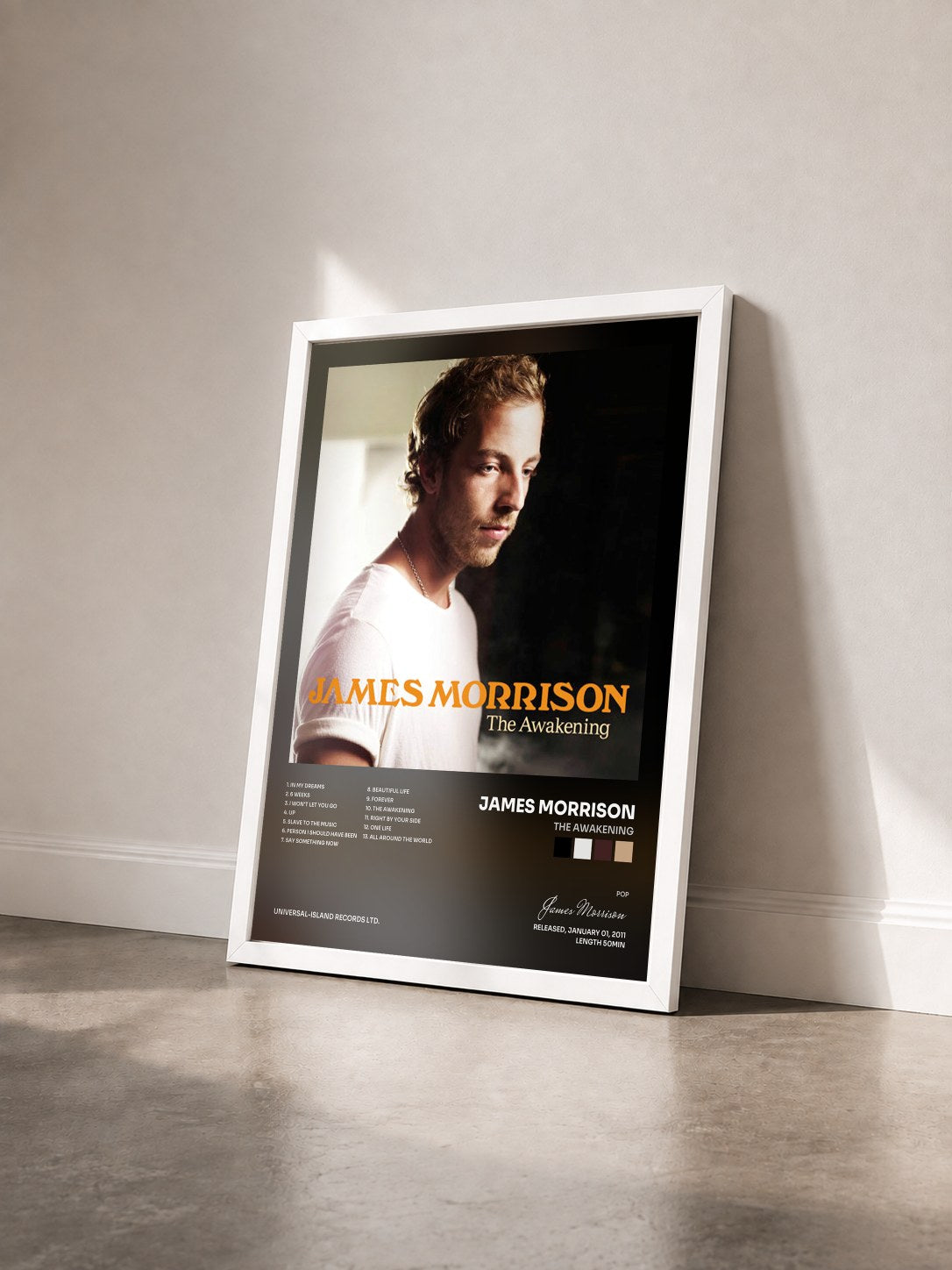 #blanc Tableau de l'album The Awakening de James Morrison vu de trois quarts, cadre blanc