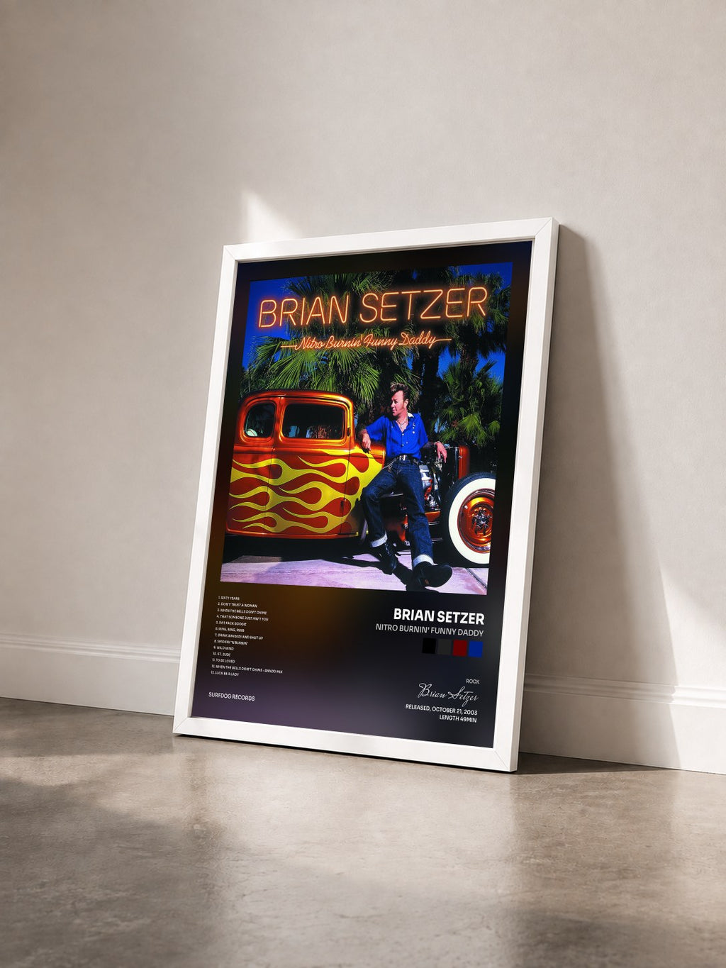#blanc Tableau de l'album Nitro Burnin' Funny Daddy de Brian Setzer vu de trois quarts, cadre blanc
