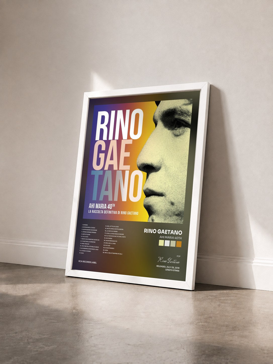 #blanc Tableau de l'album Ahi Maria 40th de Rino Gaetano vu de trois quarts, cadre blanc