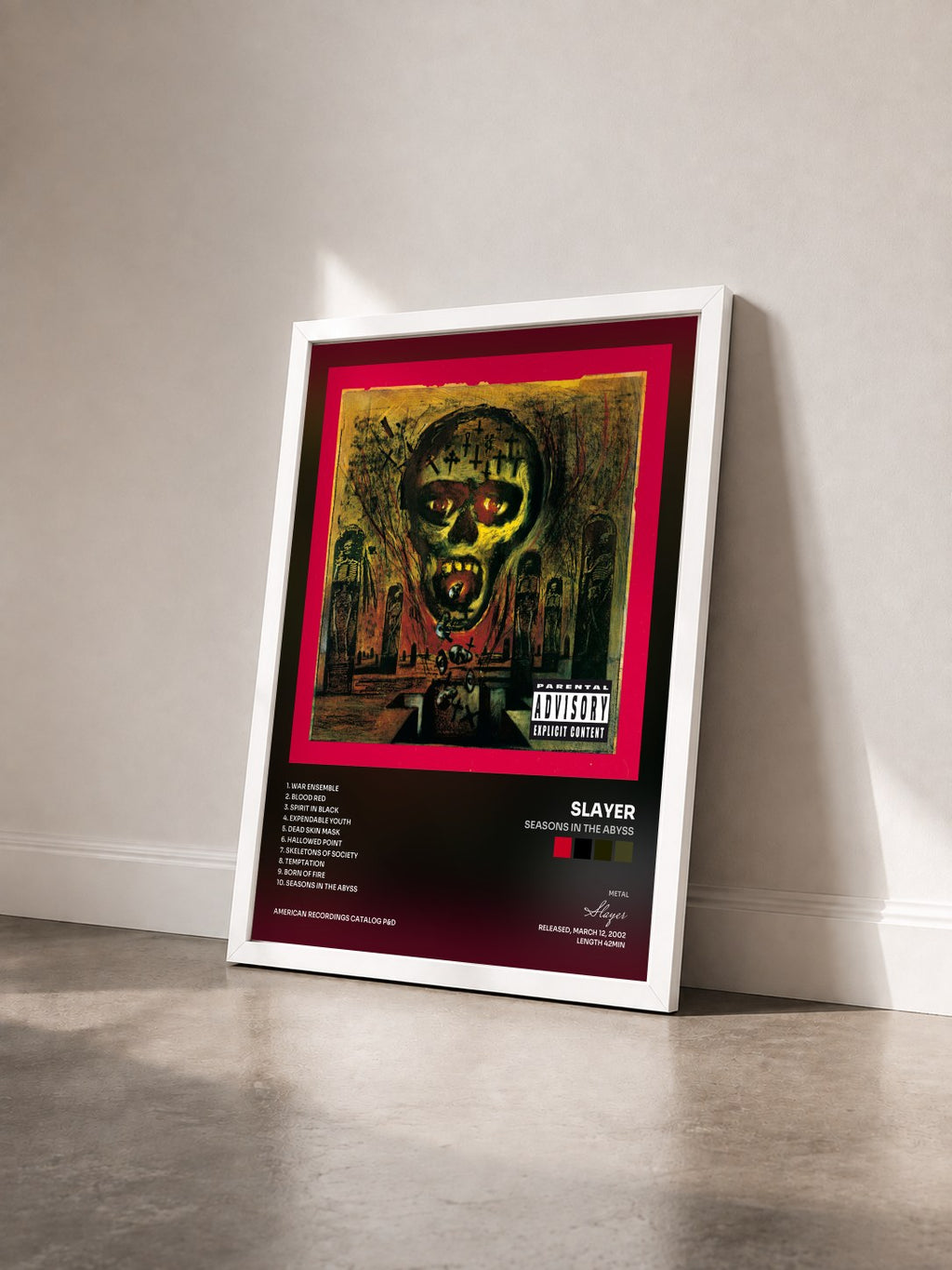#blanc Tableau de l'album Seasons In The Abyss de Slayer vu de trois quarts, cadre blanc
