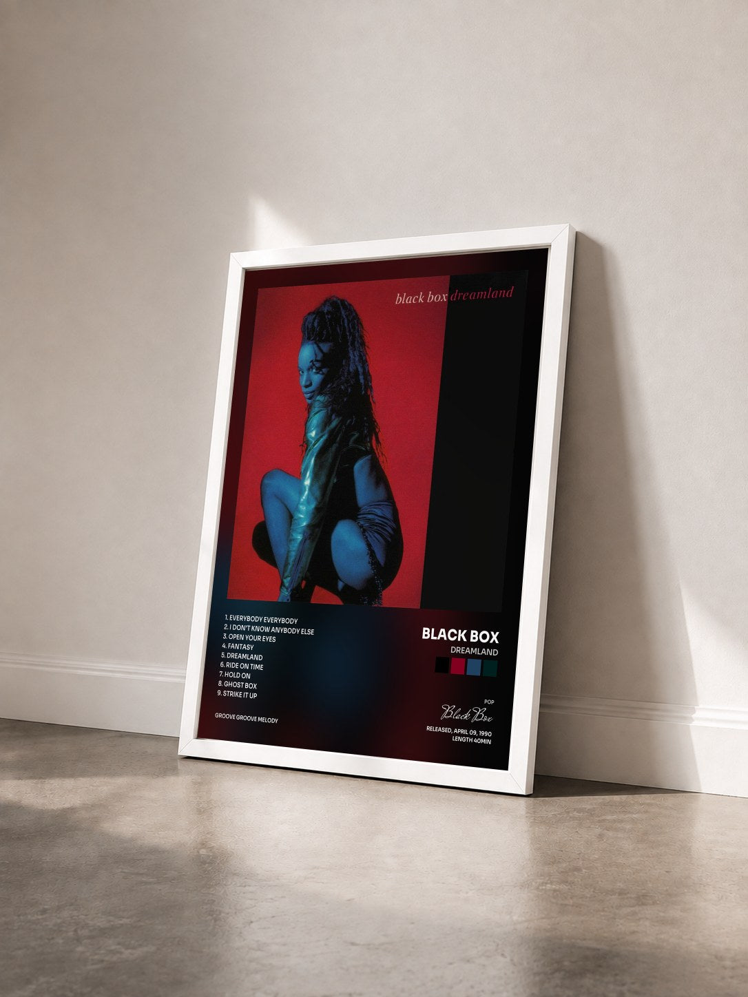 #blanc Tableau de l'album Dreamland de Black Box vu de trois quarts, cadre blanc