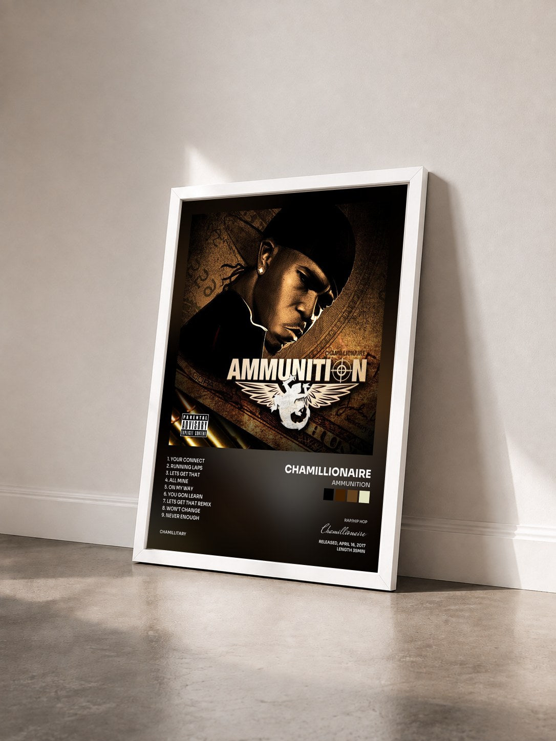 #blanc Tableau de l'album Ammunition de Chamillionaire vu de trois quarts, cadre blanc