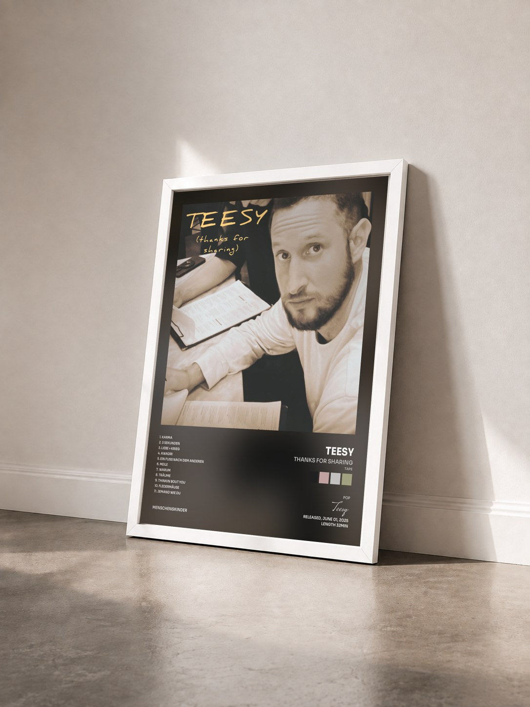 #blanc Tableau de l'album Thanks for Sharing (Tape) de Teesy vu de trois quarts, cadre blanc