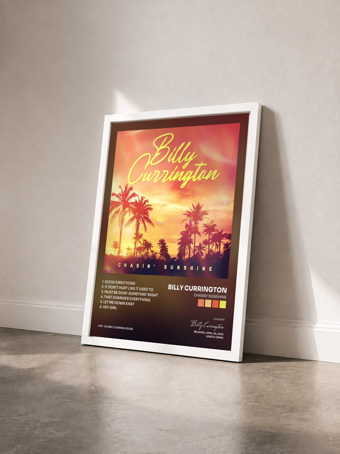 #blanc Tableau de l'album Chasin' Sunshine de Billy Currington vu de trois quarts, cadre blanc