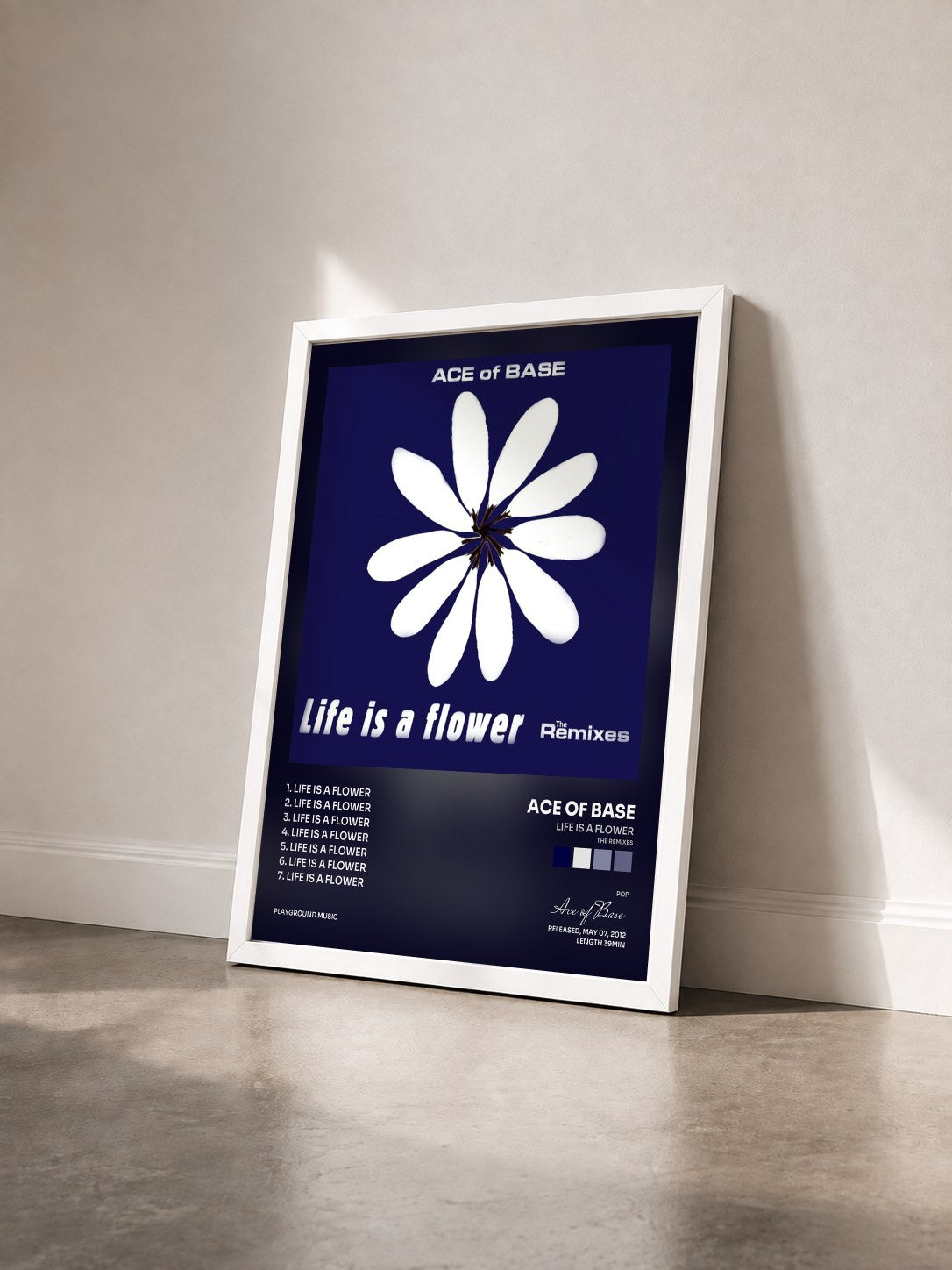 #blanc Tableau de l'album Life Is a Flower (The Remixes) de Ace of Base vu de trois quarts, cadre blanc