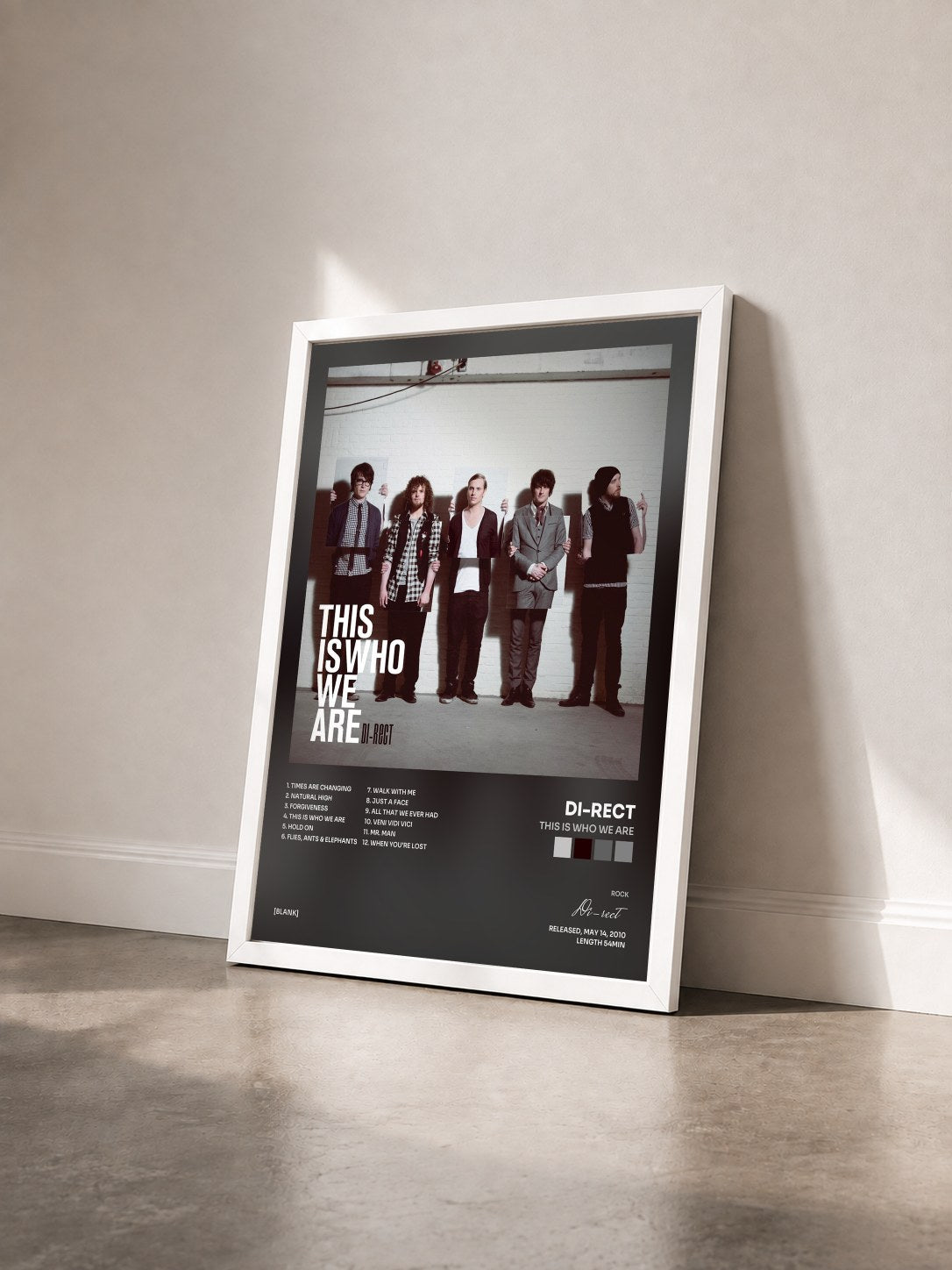 #blanc Tableau de l'album This Is Who We Are de Di-rect vu de trois quarts, cadre blanc
