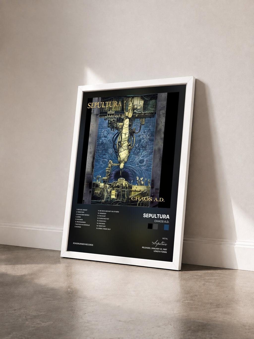 #blanc Tableau de l'album Chaos A.D. de Sepultura vu de trois quarts, cadre blanc