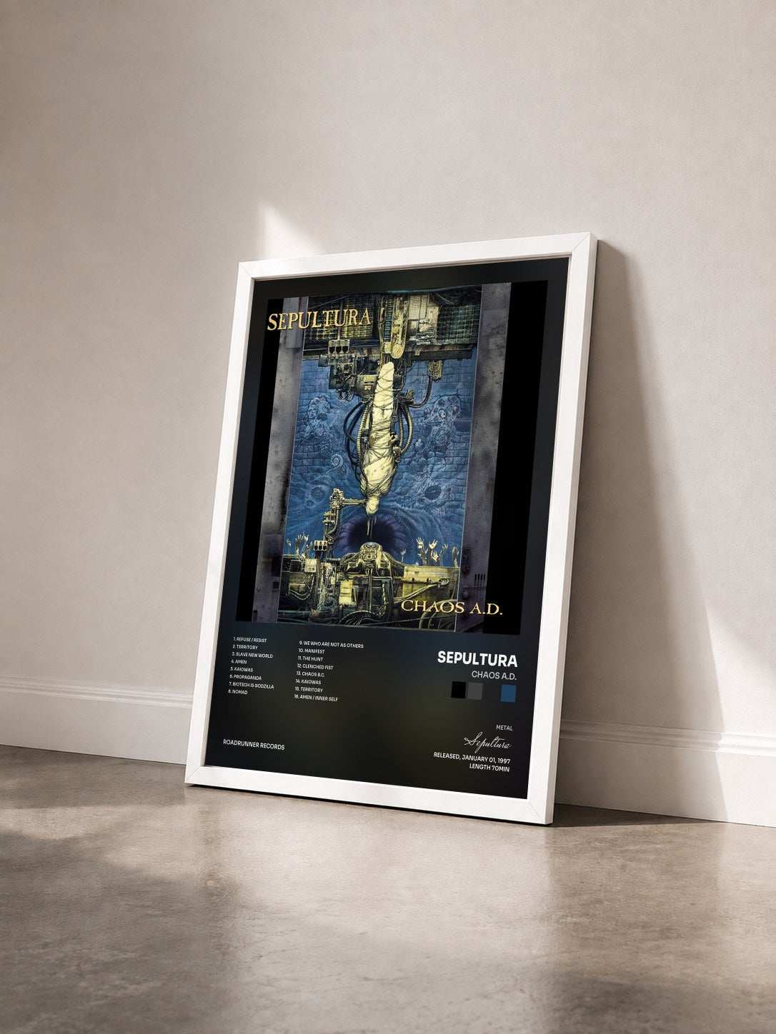 #blanc Tableau de l'album Chaos A.D. de Sepultura vu de trois quarts, cadre blanc