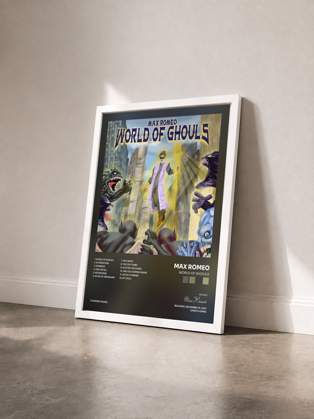 #blanc Tableau de l'album World Of Ghouls de Max Romeo vu de trois quarts, cadre blanc