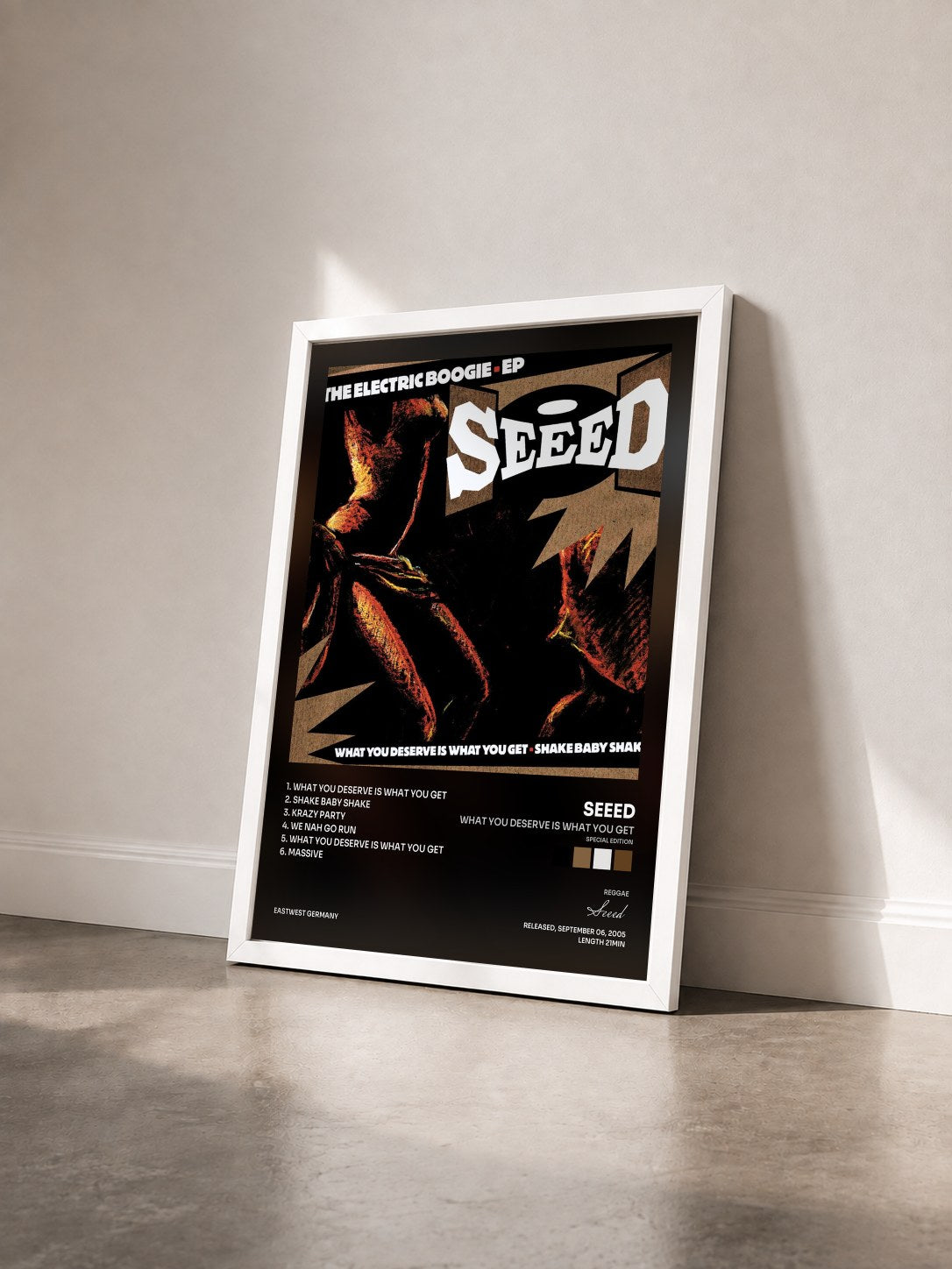 #blanc Tableau de l'album What You Deserve Is What You Get (Special Edition) de Seeed vu de trois quarts, cadre blanc