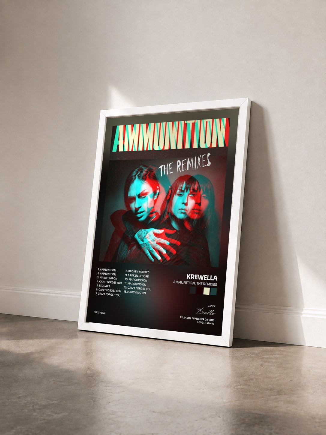 #blanc Tableau de l'album Ammunition: The Remixes de Krewella vu de trois quarts, cadre blanc