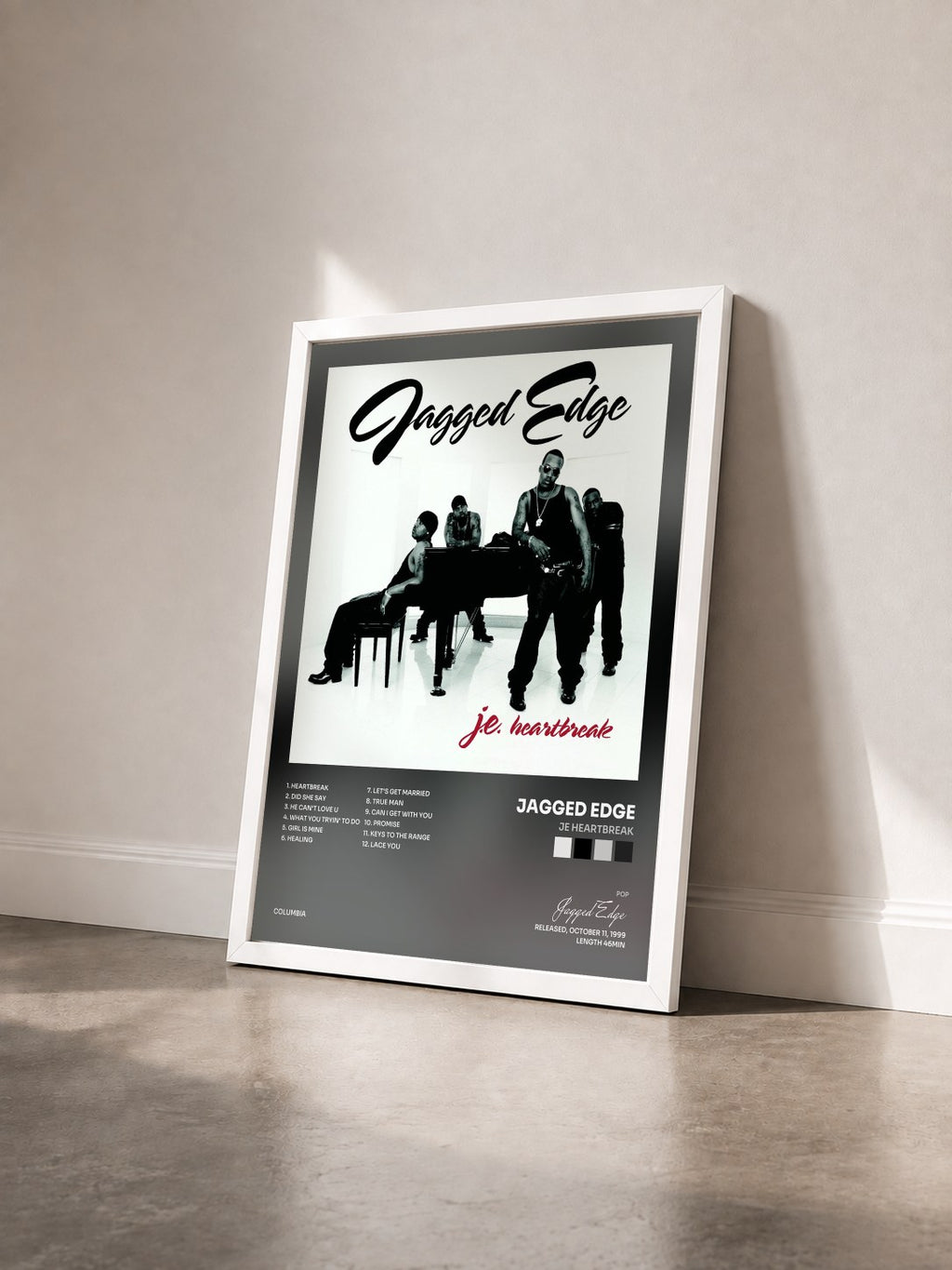 #blanc Tableau de l'album JE Heartbreak de Jagged Edge vu de trois quarts, cadre blanc