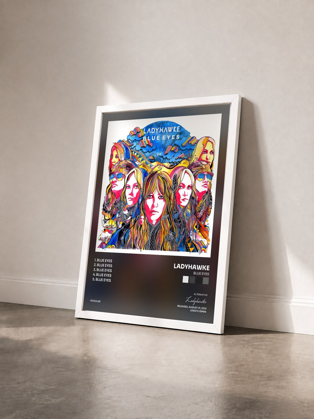 #blanc Tableau de l'album Blue Eyes de Ladyhawke vu de trois quarts, cadre blanc