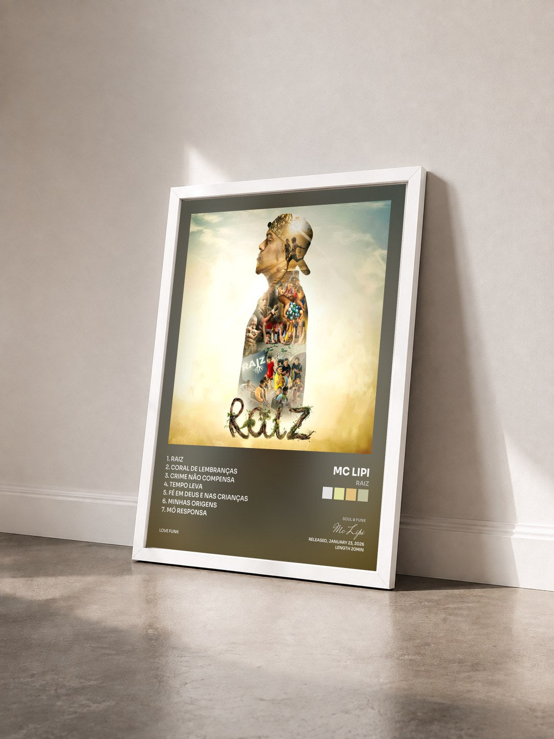 #blanc Tableau de l'album Raiz de Mc Lipi vu de trois quarts, cadre blanc