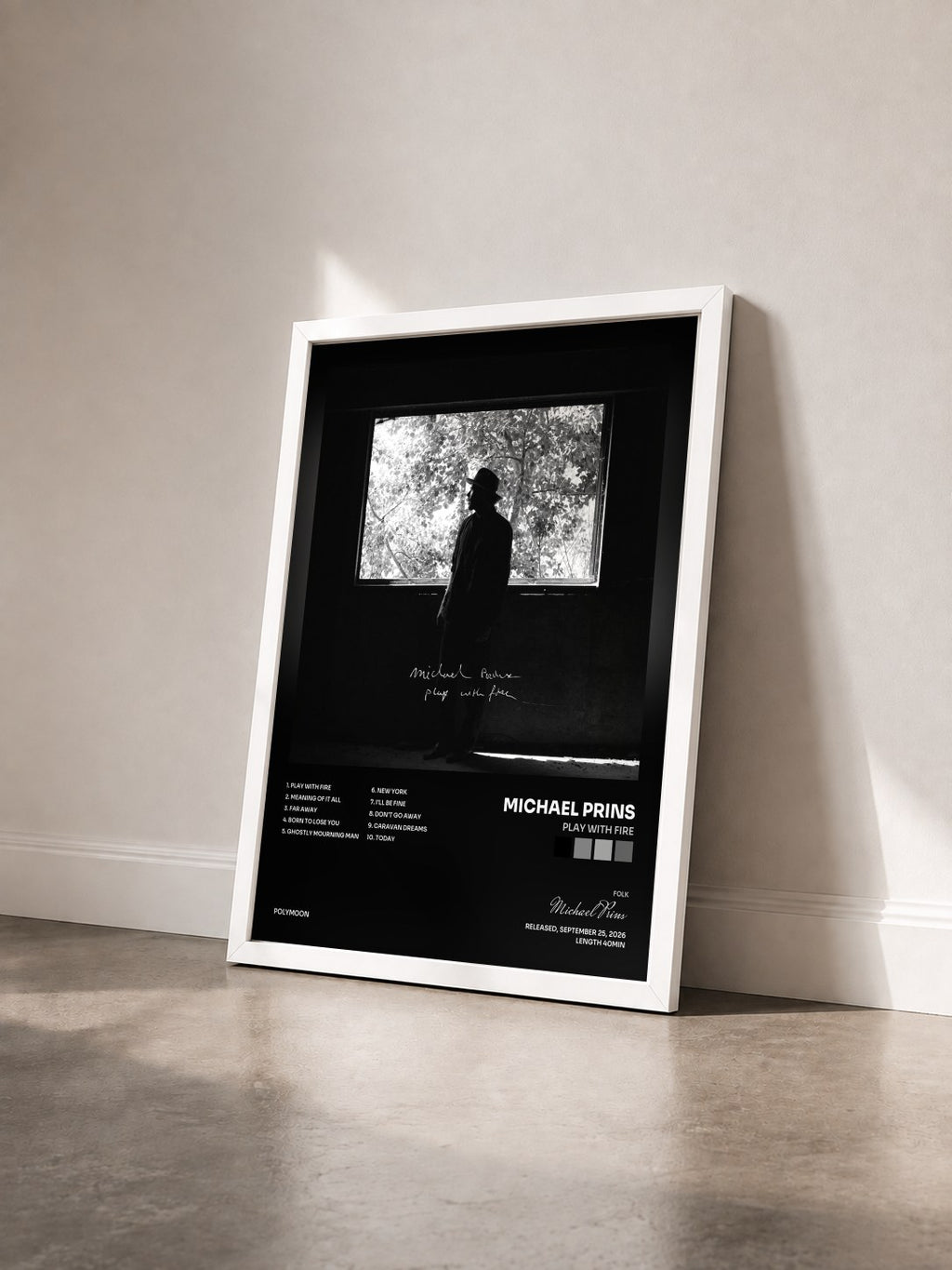 #blanc Tableau de l'album Play With Fire de Michael Prins vu de trois quarts, cadre blanc