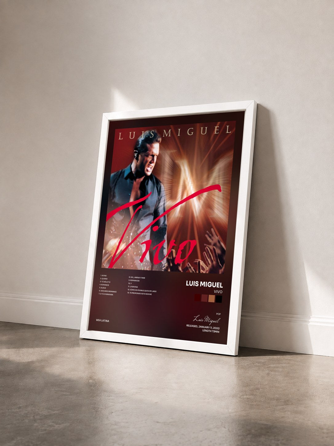 #blanc Tableau de l'album Vivo de Luis Miguel vu de trois quarts, cadre blanc