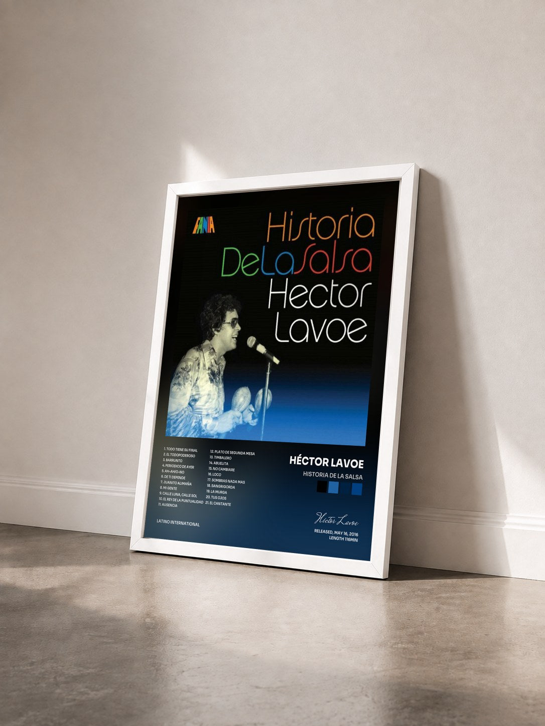 #blanc Tableau de l'album Historia De La Salsa de Héctor Lavoe vu de trois quarts, cadre blanc