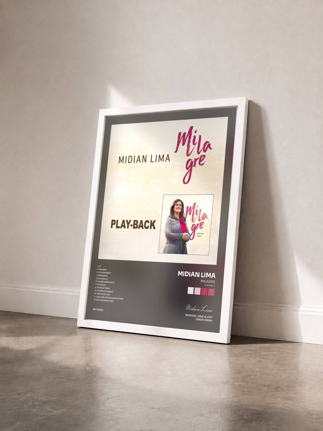 #blanc Tableau de l'album Milagre (Playback) de Midian Lima vu de trois quarts, cadre blanc